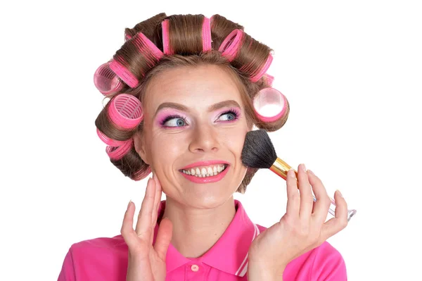 Mãe e pequena filha em encrespadores de cabelo — Fotografia de Stock