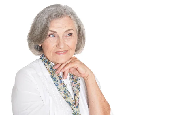 Portret Van Mooie Senior Vrouw Poseren Tegen Witte Achtergrond — Stockfoto