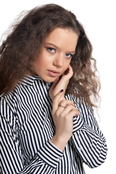 Retrato Cerca Una Hermosa Joven Posando Aislada Sobre Fondo Blanco — Foto de Stock