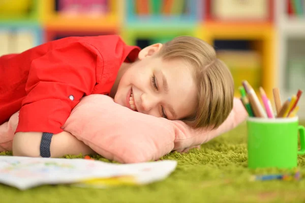 Portrait Cute Little Boy Lying Pillow Floor — Stock Photo, Image