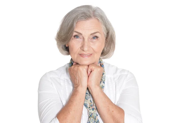 Porträt Einer Schönen Seniorin Die Vor Weißem Hintergrund Posiert — Stockfoto