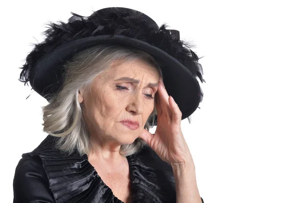 Triest Senior Vrouw Met Hoofdpijn Geïsoleerd Witte Achtergrond — Stockfoto