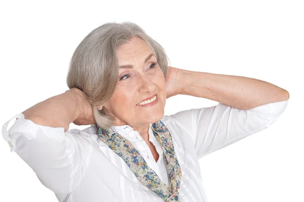 Retrato Bela Mulher Sênior Posando Contra Fundo Branco — Fotografia de Stock