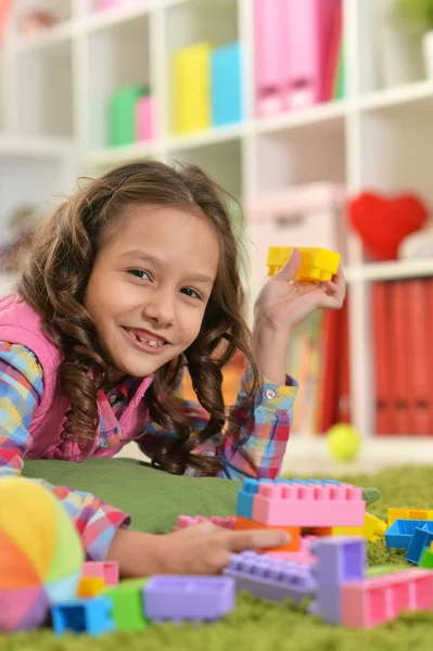 Little Girl Playing Colorful Plastic Blocks — Stock Photo, Image