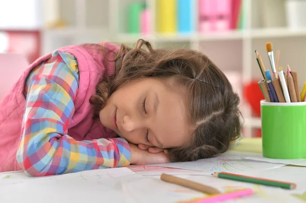 Carino Ragazza Dormire Tavolo Casa — Foto Stock