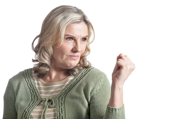 Mujer Madura Enojada Posando Aislada Sobre Fondo Blanco — Foto de Stock