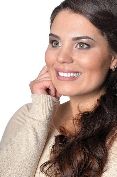 Retrato Una Hermosa Mujer Posando Aislada Sobre Blanco — Foto de Stock