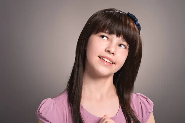 Portrait Cute Girl Dark Hair Posing Studio — Stock Photo, Image