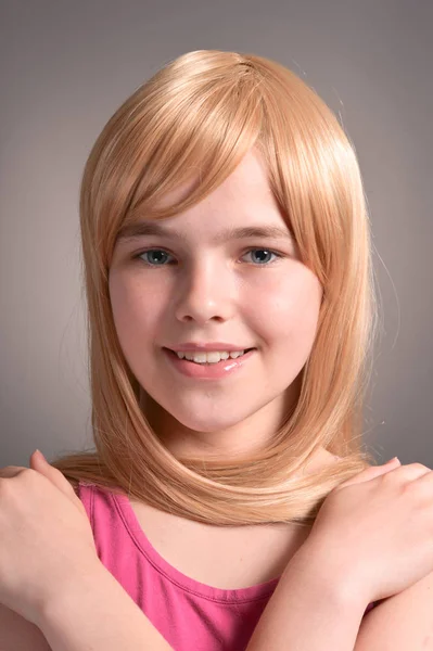 Portrait Cute Blonde Girl Posing Studio — Stock Photo, Image