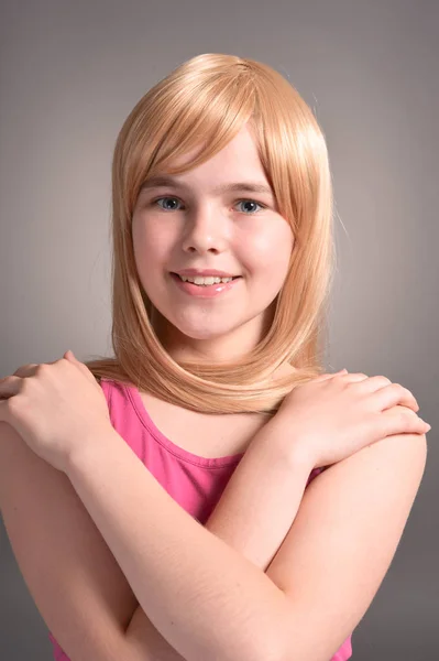 Portrait Cute Blonde Girl Posing Studio — Stock Photo, Image