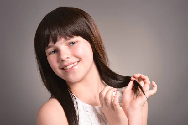 Portrait Cute Happy Girl Dark Hair Posing — Stock Photo, Image