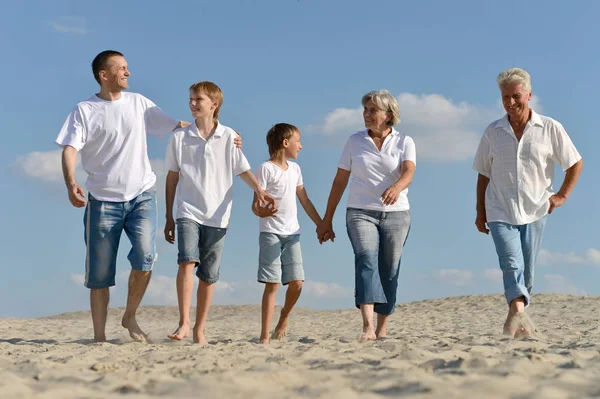 爷爷奶奶与他们的孙子在沙滩上 — 图库照片