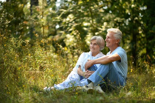 Nice Mature Couple Sitting Green Grass Summer Park — Stock Photo, Image