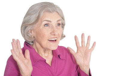 portrait of surprised  senior woman posing against white background clipart