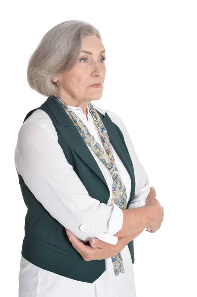 Sorgliga Senior Kvinna Isolerad Vit Bakgrund — Stockfoto