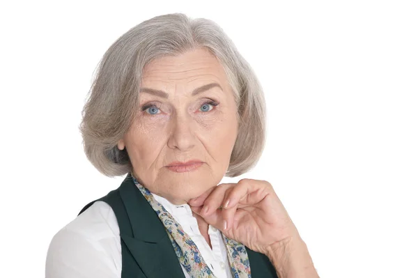 Triest Senior Vrouw Geïsoleerd Witte Achtergrond — Stockfoto