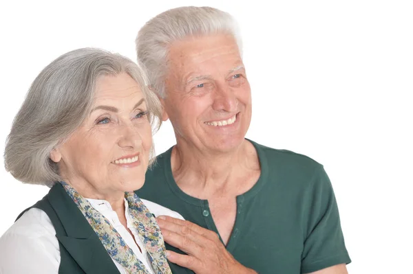 Portrait Heureux Couple Personnes Âgées Posant Isolé Sur Fond Blanc — Photo