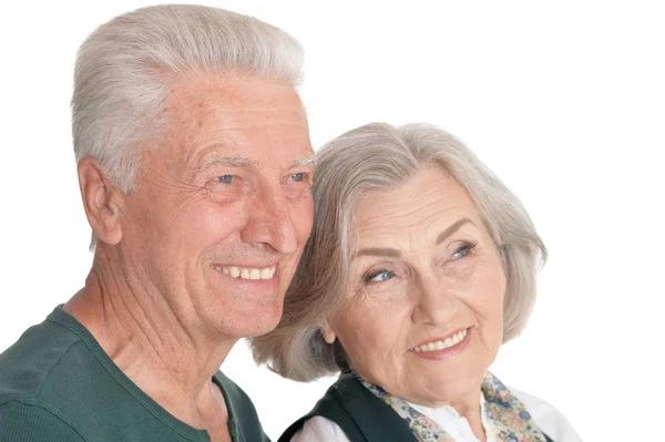 Retrato Feliz Casal Sênior Posando Isolado Fundo Branco — Fotografia de Stock