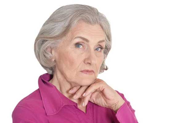 Portret Van Senior Vrouw Poseren Tegen Witte Achtergrond — Stockfoto