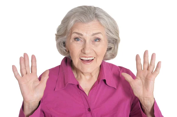Porträt Einer Überraschten Seniorin Die Vor Weißem Hintergrund Posiert — Stockfoto