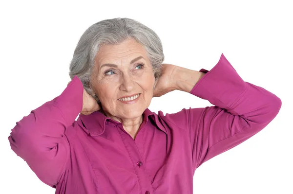 Portret Van Verrast Senior Vrouw Poseren Tegen Witte Achtergrond — Stockfoto