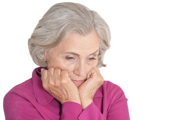 Traurige Seniorin Isoliert Auf Weißem Hintergrund — Stockfoto