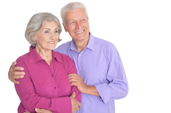 Portret Van Gelukkige Senior Paar Poseren Geïsoleerd Witte Achtergrond — Stockfoto