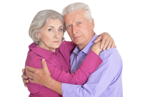 Portret Van Triest Senior Paar Geïsoleerd Witte Achtergrond — Stockfoto