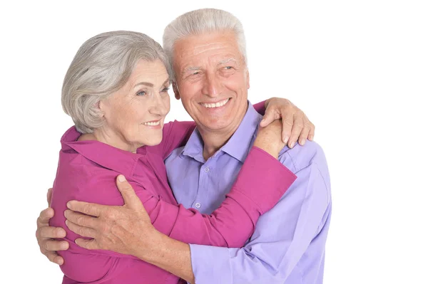 Retrato Pareja Mayor Feliz Posando Aislada Sobre Fondo Blanco — Foto de Stock