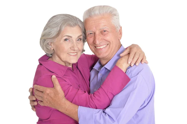 Porträtt Happy Senior Par Poserar Isolerad Vit Bakgrund — Stockfoto