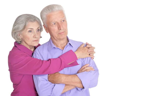 Portret Van Triest Senior Paar Geïsoleerd Witte Achtergrond — Stockfoto