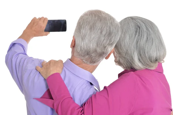 Retrato Una Feliz Pareja Ancianos Tomando Foto Selfie Fondo Blanco — Foto de Stock