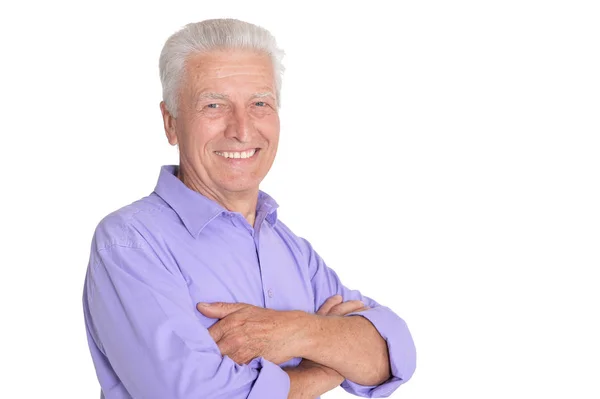 Portret Van Senior Man Poseren Geïsoleerd Witte Achtergrond — Stockfoto