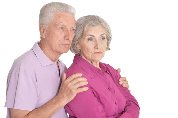 Portrait Sad Senior Couple Isolated White Background — Stock Photo, Image