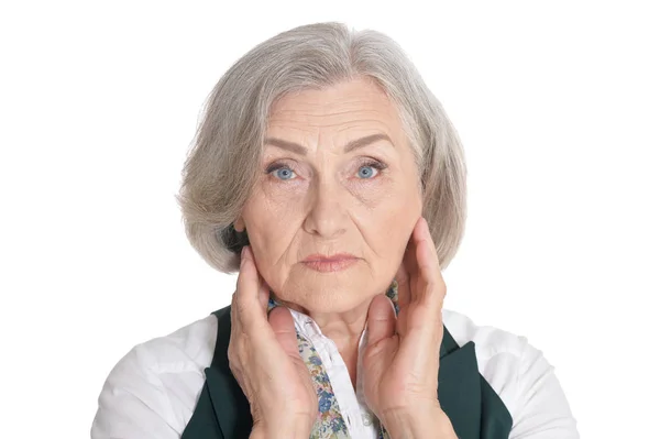 Triest Senior Vrouw Geïsoleerd Witte Achtergrond — Stockfoto