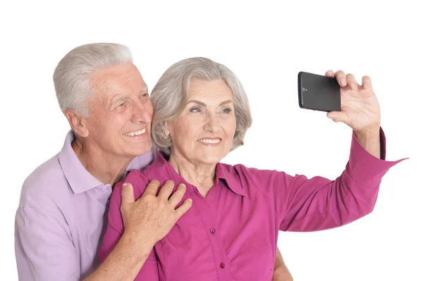 高级对幸福的夫妻在白色背景拍照合影的肖像 — 图库照片