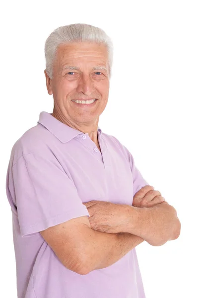 Portret Van Senior Man Poseren Geïsoleerd Witte Achtergrond — Stockfoto