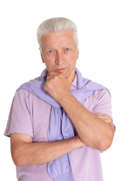 Portret Van Senior Man Denken Geïsoleerd Witte Achtergrond — Stockfoto