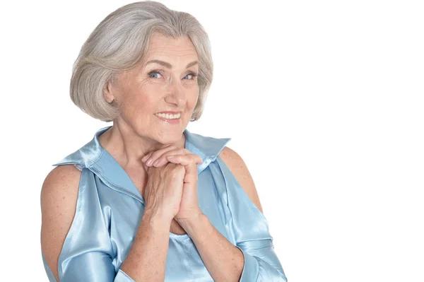 Portret Van Mooie Senior Vrouw Poseren Tegen Witte Achtergrond — Stockfoto