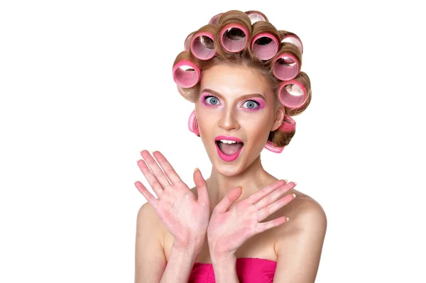 Retrato Mulher Bonita Com Encrespadores Cabelo Estúdio — Fotografia de Stock