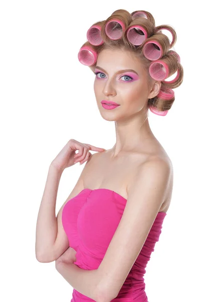 Portrait Beautiful Woman Hair Curlers Studio — Stock Photo, Image