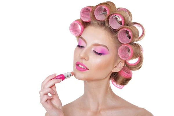 Portrait Beautiful Woman Hair Curlers Lipstick — Stock Photo, Image