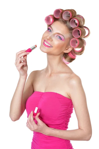 Portret Van Mooie Vrouw Met Haar Krulspelden Met Lippenstift — Stockfoto