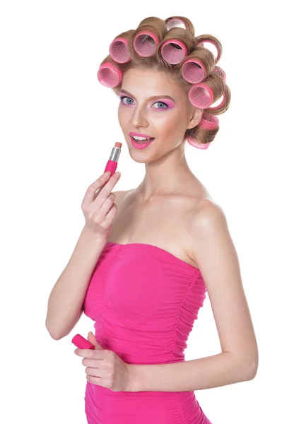 Portrait Beautiful Woman Hair Curlers Lipstick — Stock Photo, Image