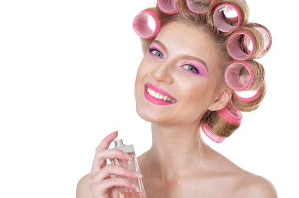 Portrait Beautiful Woman Hair Curlers Perfumes — Stock Photo, Image