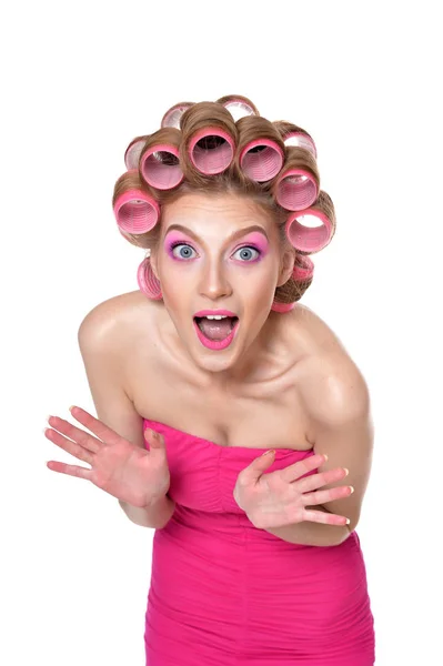 Retrato Mulher Bonita Com Encrespadores Cabelo Estúdio — Fotografia de Stock