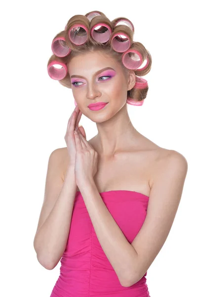 Portrait Beautiful Woman Hair Curlers Studio — Stock Photo, Image