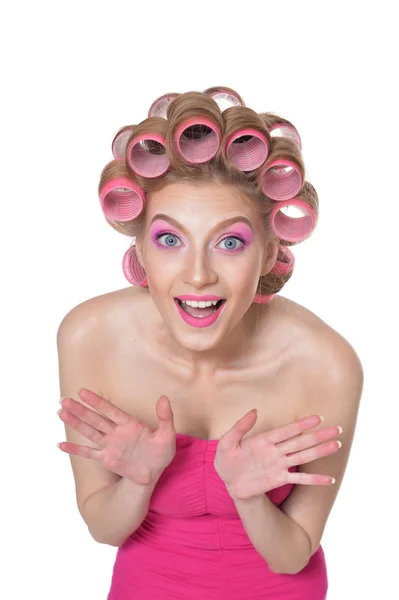 Portrait Beautiful Woman Hair Curlers Studio — Stock Photo, Image