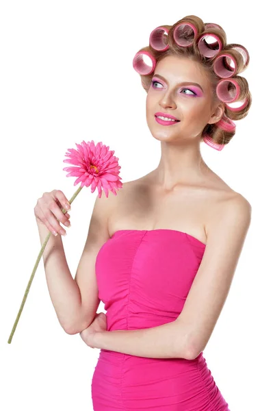 Retrato Hermosa Mujer Con Rizadores Pelo Con Flor —  Fotos de Stock