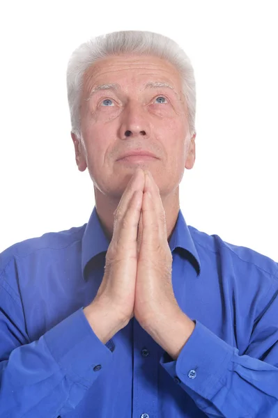 Portrait Homme Âgé Priant Isolé Sur Fond Blanc — Photo